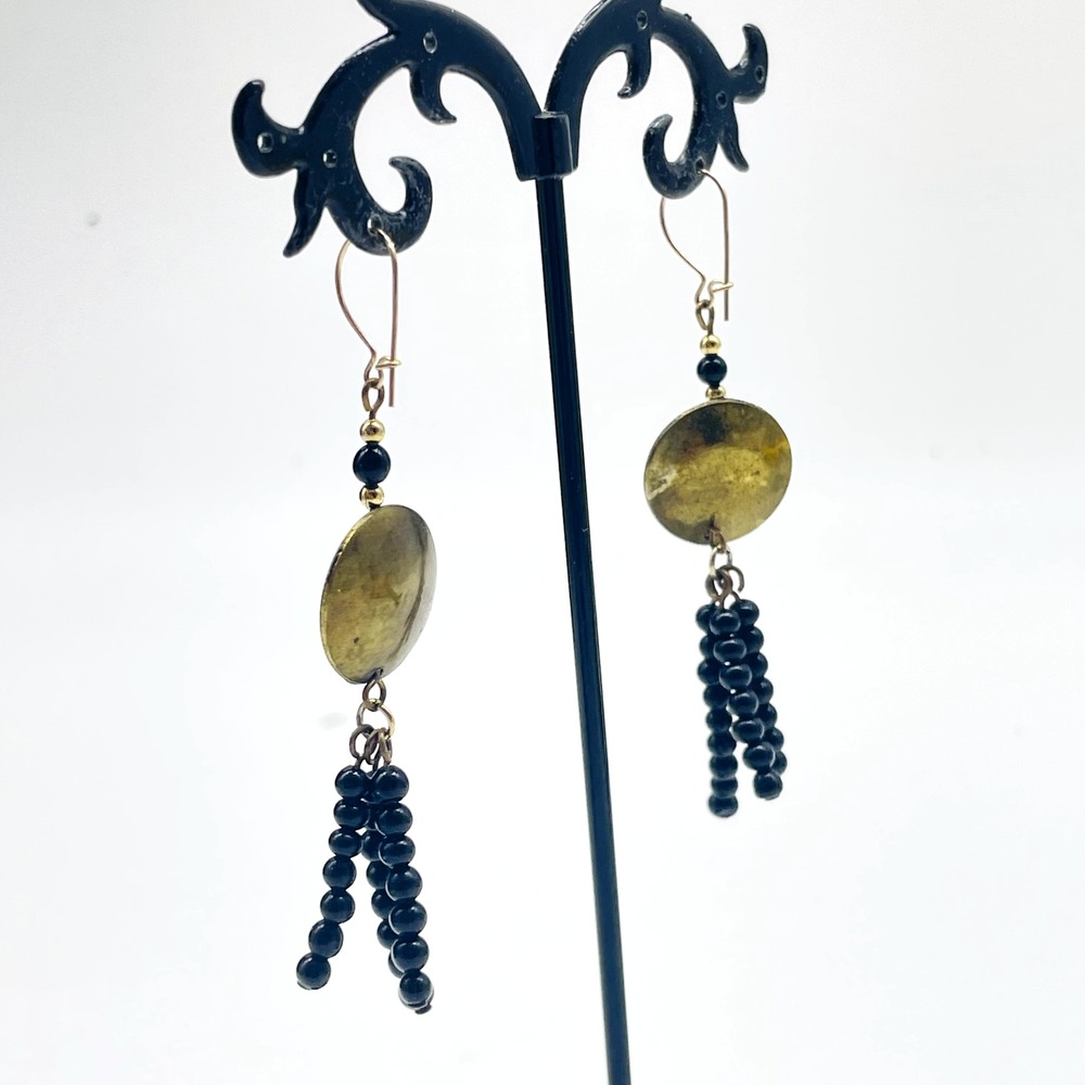 Gold Tone Disc Black Beaded Fringe Dangle Pierced Earrings Boho Statement - Picture 6 of 9
